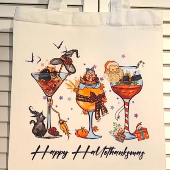 Hand Crafted Handbags - 3 Holidays! HalloThanksMas shoulder 12 x 14  canvas totes-Martini & Wine themed